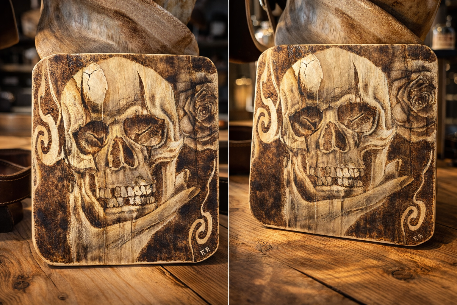 Handgebrannte Totenkopf-Holzkunst • Handgefertigte Brandmalerei-Wanddekoration